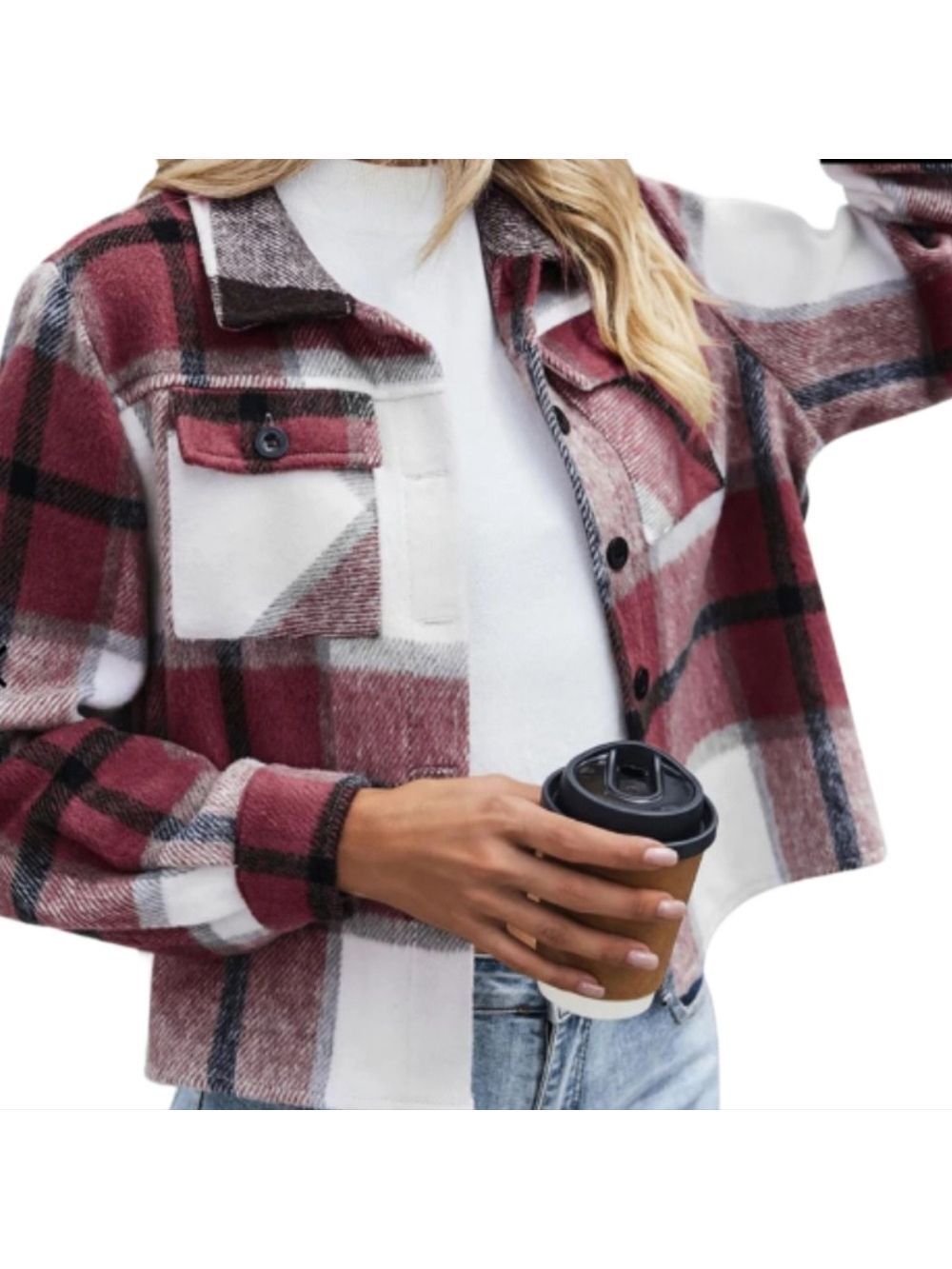 WOMEN'S PLAID SHACKET / JACKET BURGANDY, CREAM BLACK COZY LARGE NWT